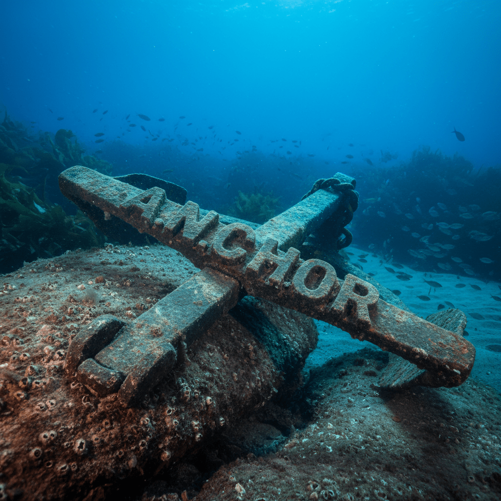 Large anchor on the seabed with the word "ANCHOR" embossed on its crossbar.