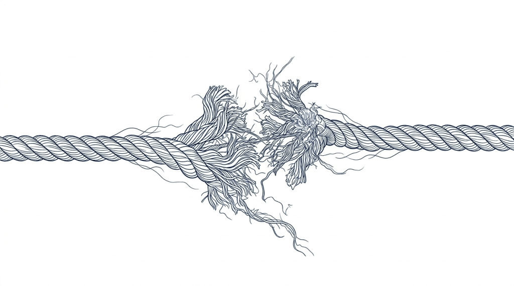 Fraying thick rope stretched tightly between two metal fixtures at a dock